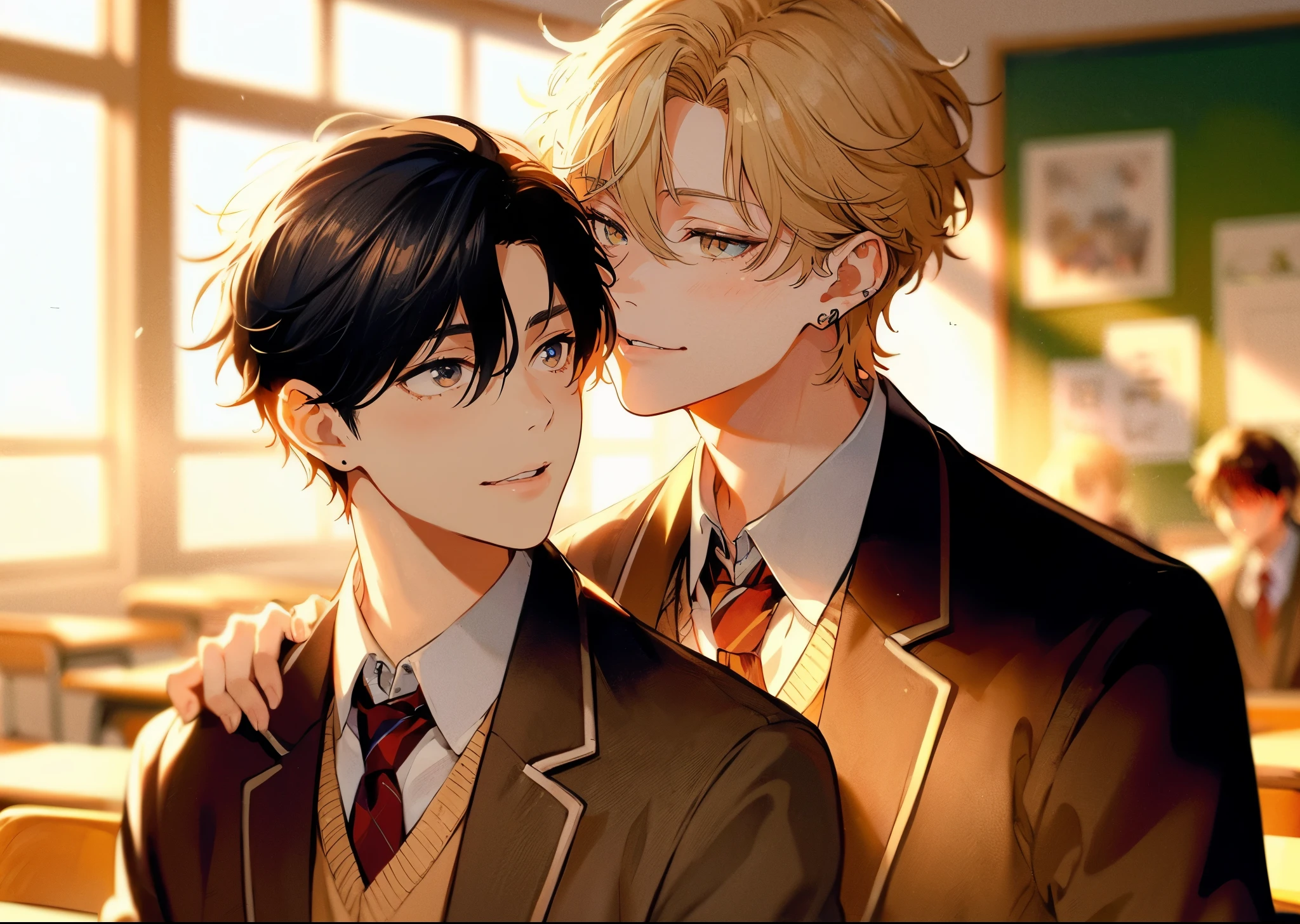 two beautiful young men, Animated illustration of a beautiful young man with dark hair kissing a beautiful young blonde on the cheek; the two are wearing school uniforms and are in a classroom under the setting sun.high quality, amount of drawing, pixiv illustration