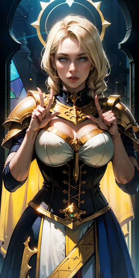 upper body of paladin lady in ornate golden armor, black collar, pauldrons, breastplate, corset, glowing halo, single braid, blo...