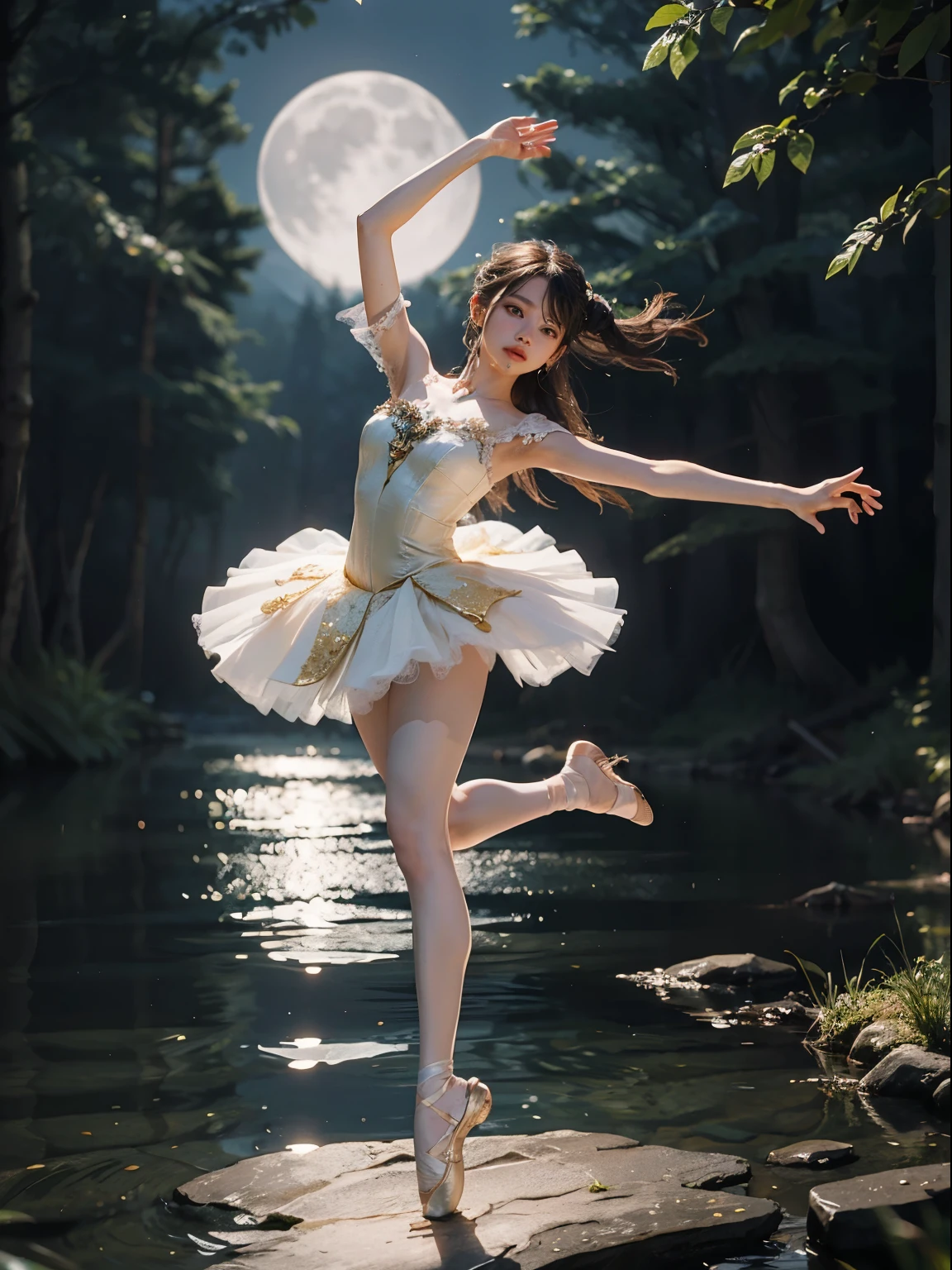 fantasy, high quality, 8K, realistic,photo realistic,RAW photo,photography,High resolution, ultra-definition, highest quality,Dramatic lighting, glitter effect, from below, midnight, moonlight, Lake in the deep forest、full body,break,
A prima donna girl gracefully dances ballet in the moonlight on a mysterious lake.、Arabesque、、1 girl、((luxurious and delicate white tutu)),semi-long hair,black hair,black eyes、beautiful feet、Ballet Pointe Shoes, 