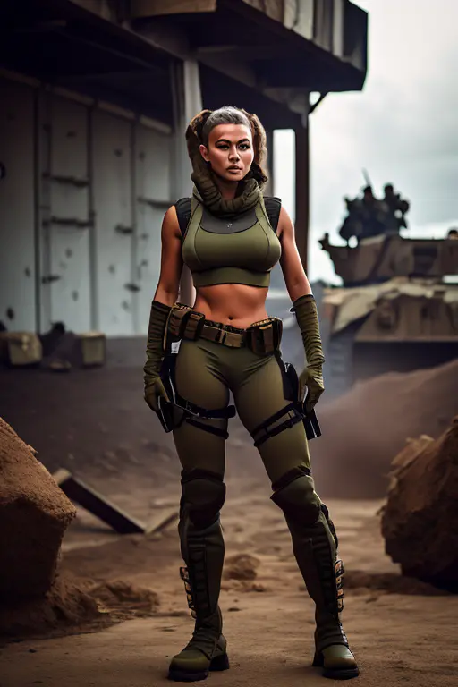 um close de uma mulher com uma roupa camuflada e uma arma, bikini + equipamento militar esfarrapado, garota soldado, garota mili...