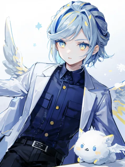 highest quality、table top、super detailed、perfect face、very detailed、very delicate、1 boy, (cute), angel, light blue hair、half up、...