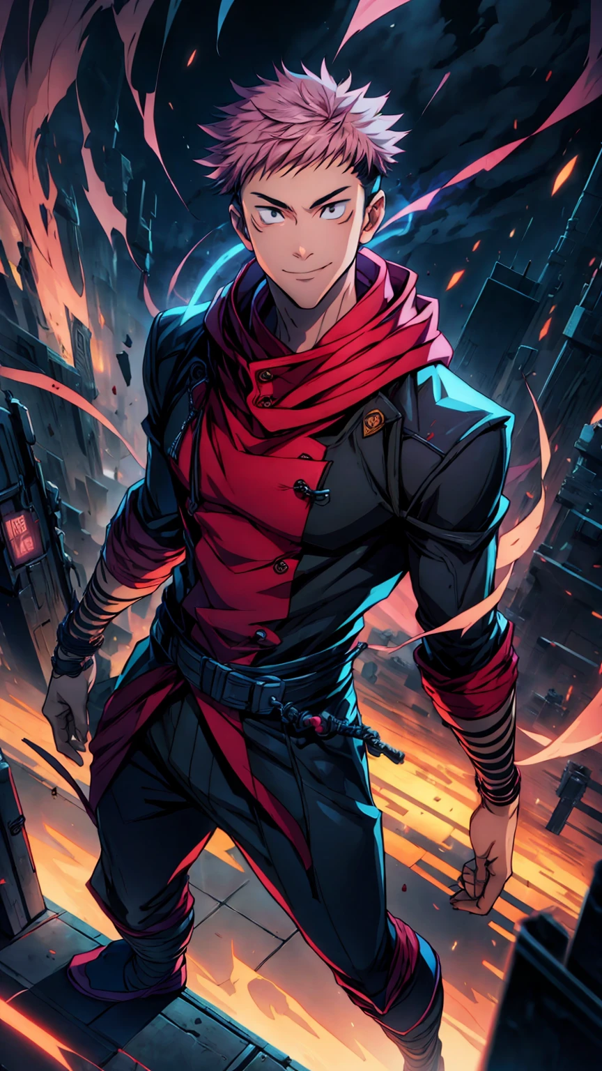 1boy, full body shot, 173 cm, itadori yuuji, black outfit, pink hair, look at sky, smile, red and dark moon city night background, wallpaper, cinematic,High resolution 8K, Bright light illumination, lens flare, sharpness, masterpiece, top-quality, The ultra -The high-definition, high resolution, extremely details CG, Anime style, Film Portrait Photography,masterpiece,hyperdetail