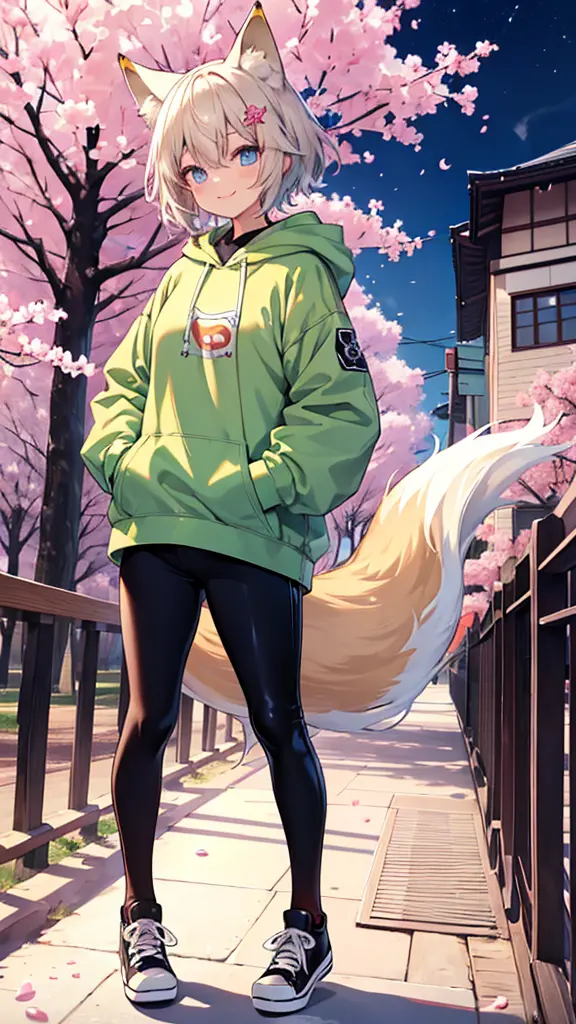 masterpiece,highest quality,fox girl,He&#39;s wearing a big oversized hoodie and his chucks are fully open.、I'm sticking my hand...