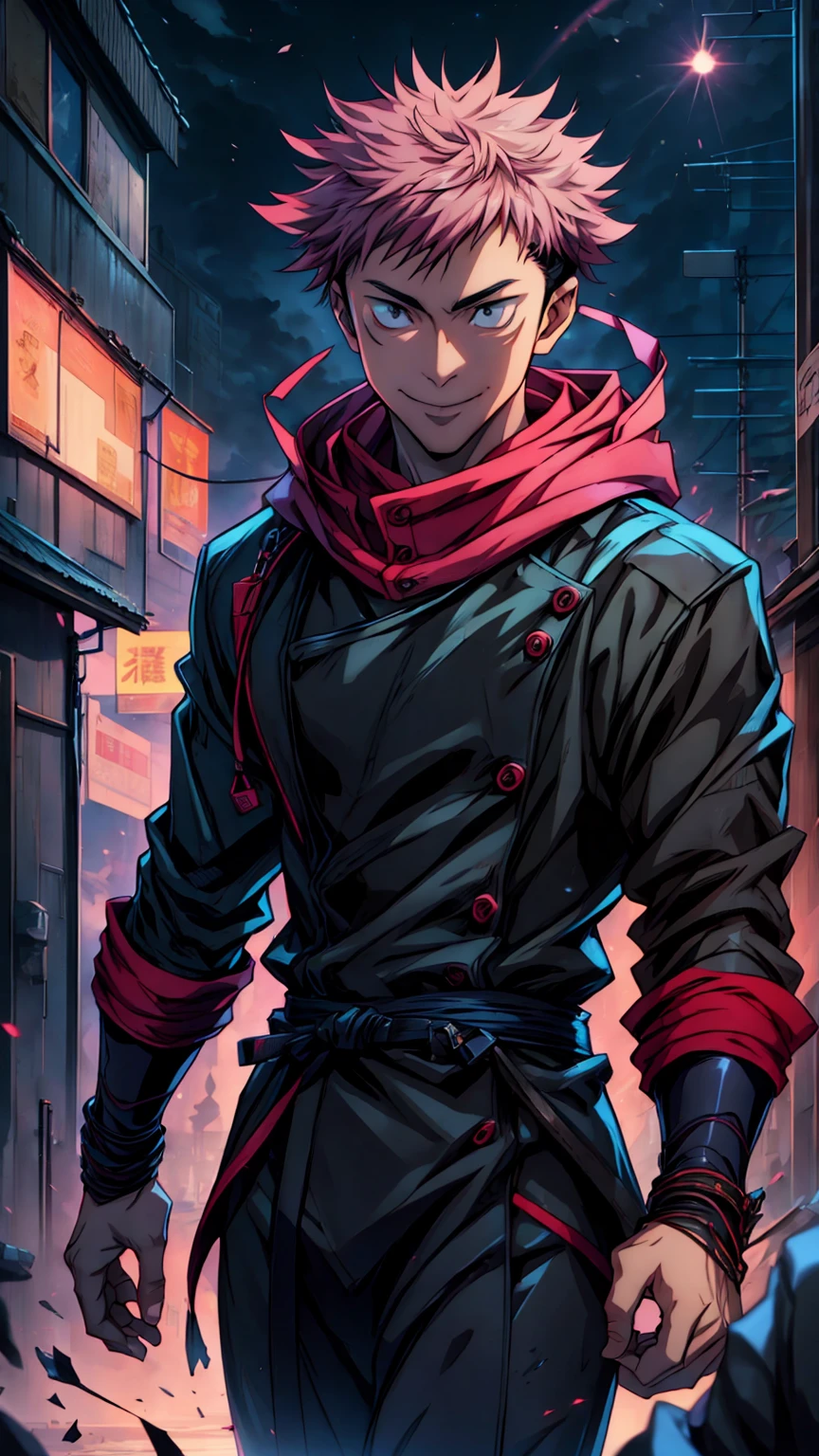 1boy, full body shot, 173 cm, itadori yuuji, black outfit, pink hair, look at sky, smile, red and dark moon city night background, wallpaper, cinematic,High resolution 8K, Bright light illumination, lens flare, sharpness, masterpiece, top-quality, The ultra -The high-definition, high resolution, extremely details CG, Anime style, Film Portrait Photography,masterpiece,hyperdetail