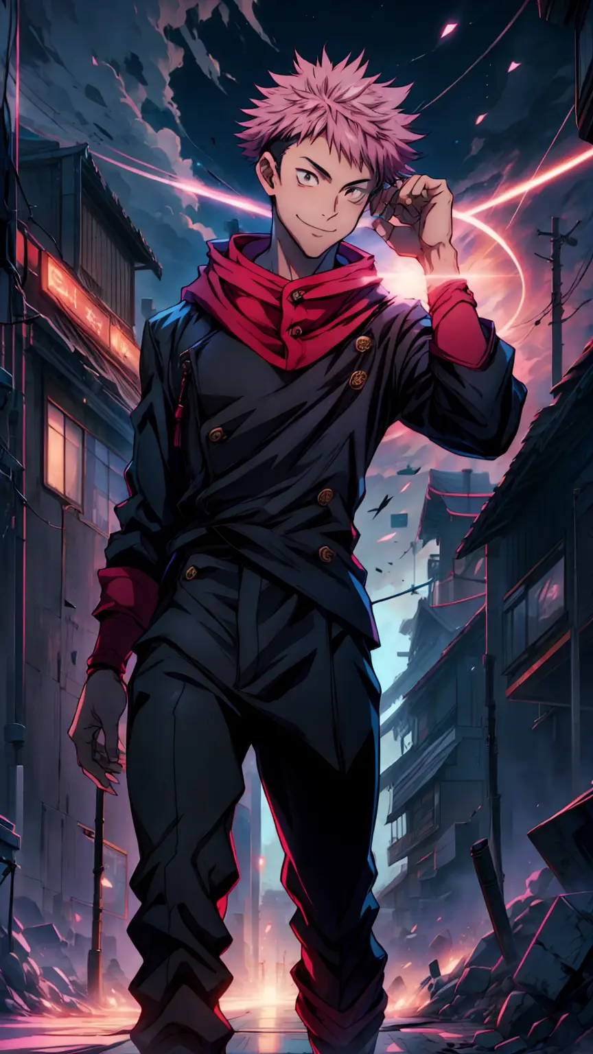 1boy, full body shot, 173 cm, itadori yuuji, black outfit, pink hair, look at sky, smile, red and dark moon city night backgroun...