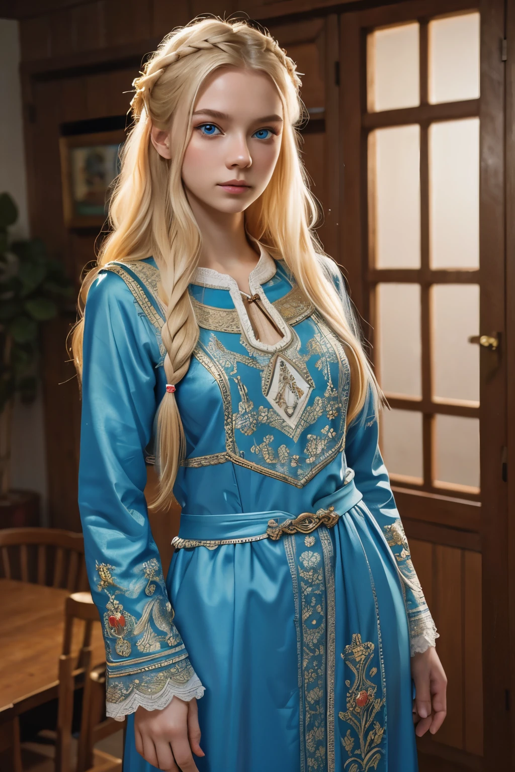 Generate a detailed portrait of a young beautiful scandinavian woman (blue eyes, blonde, long hair, pale skin, wearing national Russian costume, clothes in Russian folk style, embroidery on clothes), Old Slavonic, Old Russian, RAW photo, (high detailed skin:1.2), 8k UHD, DSLR, soft lighting, high quality, film grain, Fujifilm XT3, RAW candid cinema, 16mm, color graded portra 400 film, remarkable color, ultra realistic, textured skin, remarkable detailed pupils, realistic dull skin noise, visible skin detail, skin fuzz, dry skin, shot with cinematic camera, ((Full-Body Shot)), detailed skin texture, (blush:0.5), (goosebumps:0.5), subsurface scattering