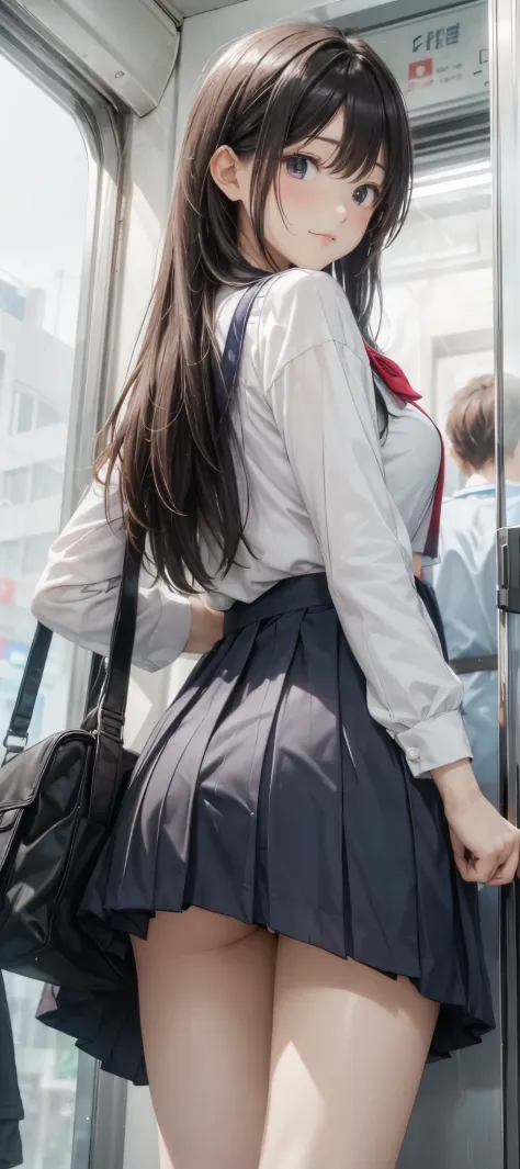 (masutepiece, Best Quality:1.2)、realisticlying、Cute、kawaii、digitalart、Innocent 18 year old girl、(Girl on a crowded train)、(Stand at the door)、(Girl looking out the door backwards)、(Hands on the window glass)、huge tit、Plump、serafuku、sailor dress、sailor unif...
