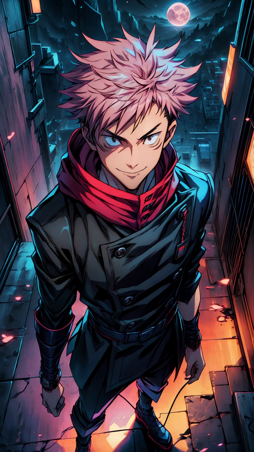 1boy, full body shot, 173 cm, itadori yuuji, black outfit, pink hair, look at sky, smile, red and dark moon city night background, wallpaper, cinematic,High resolution 8K, Bright light illumination, lens flare, sharpness, masterpiece, top-quality, The ultra -The high-definition, high resolution, extremely details CG, Anime style, Film Portrait Photography,masterpiece,hyperdetail