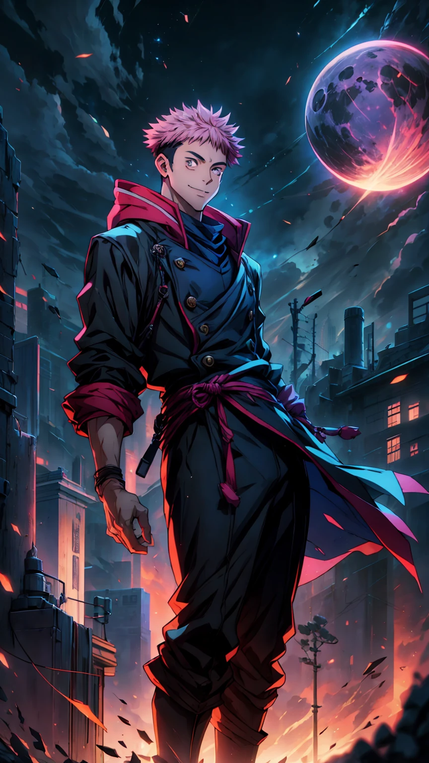 1boy, full body shot, 173 cm, itadori yuuji, black outfit, pink hair, look at sky, smile, red and dark moon city night background, wallpaper, cinematic,High resolution 8K, Bright light illumination, lens flare, sharpness, masterpiece, top-quality, The ultra -The high-definition, high resolution, extremely details CG, Anime style, Film Portrait Photography,masterpiece,hyperdetail