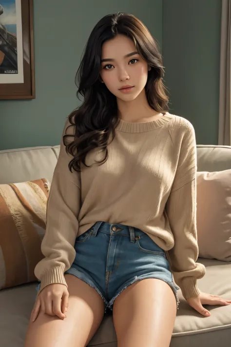 1girl, sitting on a cozy couch, crossing legs, soft light, bare legs, black hair, couch, crossed legs, lips, long hair, looking at viewer, realistic, sitting, solo, sweater, (a barefoot girl with long curly hair sat on a dark green square sofa),(right leg ...