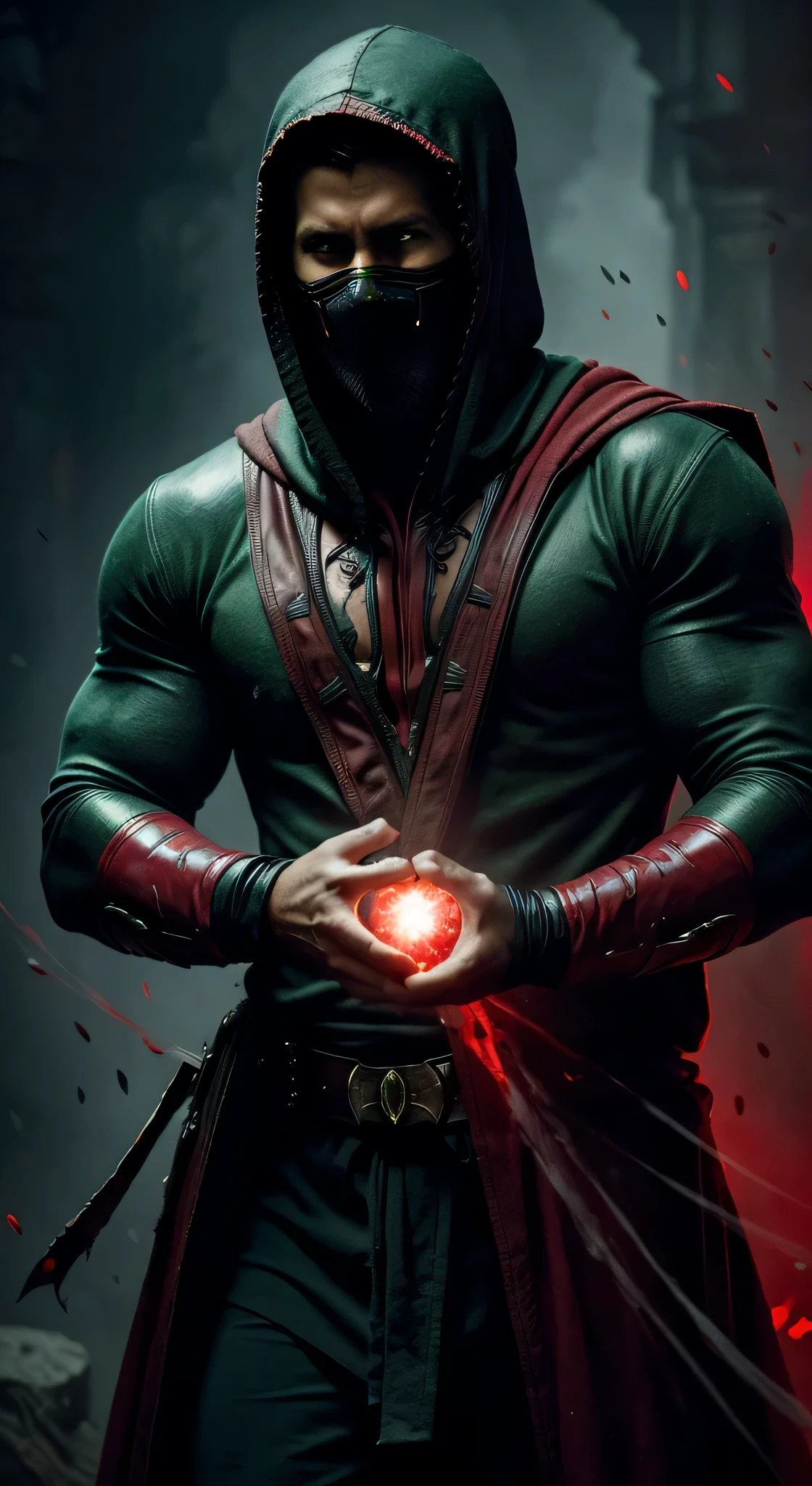 ((Ryan Reynolds)) as Ermac from Mortal Kombat, wearing black-and-red, mummy-like tattered robe adorned with ancient markings, face is obscured by a mask or hood, (glowing green eyes), ((levitating)), intricate, high detail, sharp focus, dramatic, photorealistic painting art by greg rutkowski