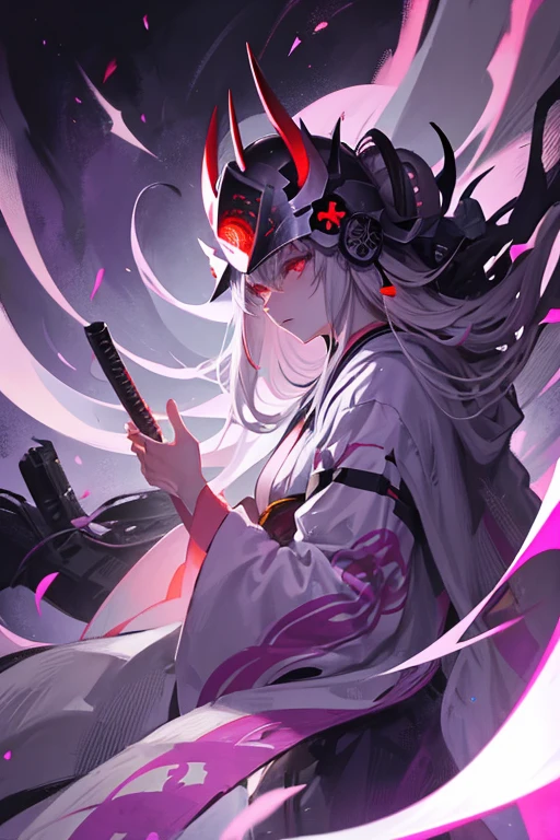 ghost woman, grey kimono, samurai demon helmet, purple clouds, long grey hair, red glowing eyes