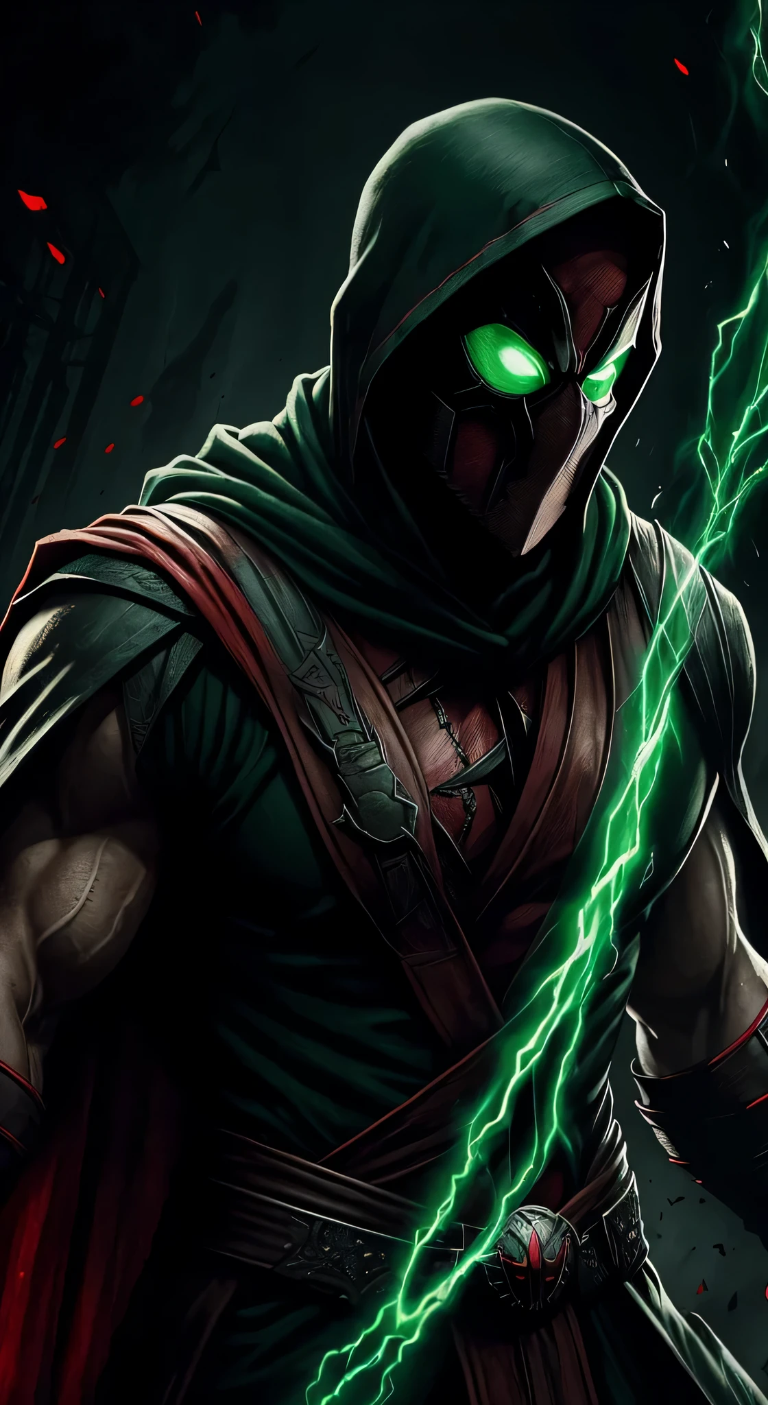 ((Ryan Reynolds)) as Ermac from Mortal Kombat, wearing black-and-red, mummy-like tattered robe adorned with ancient markings, face is obscured by a mask or hood, (glowing green eyes), ((levitating)), intricate, high detail, sharp focus, dramatic, photorealistic painting art by greg rutkowski