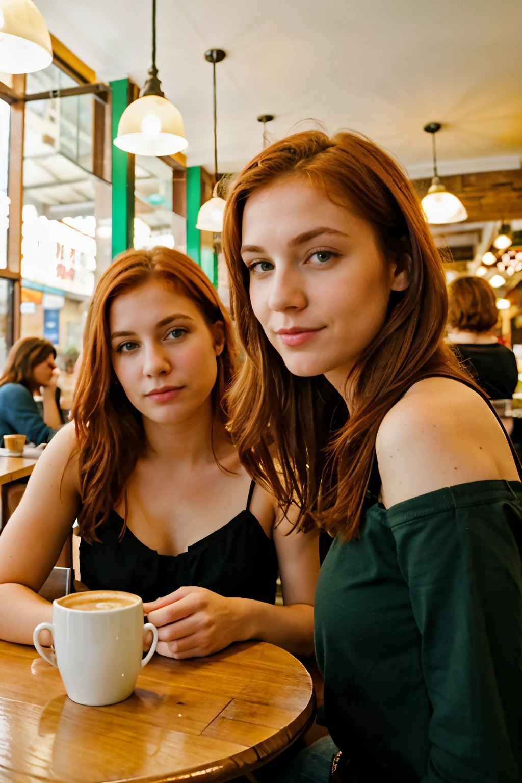 Two women sitting at a table with a cup of coffee - SeaArt AI