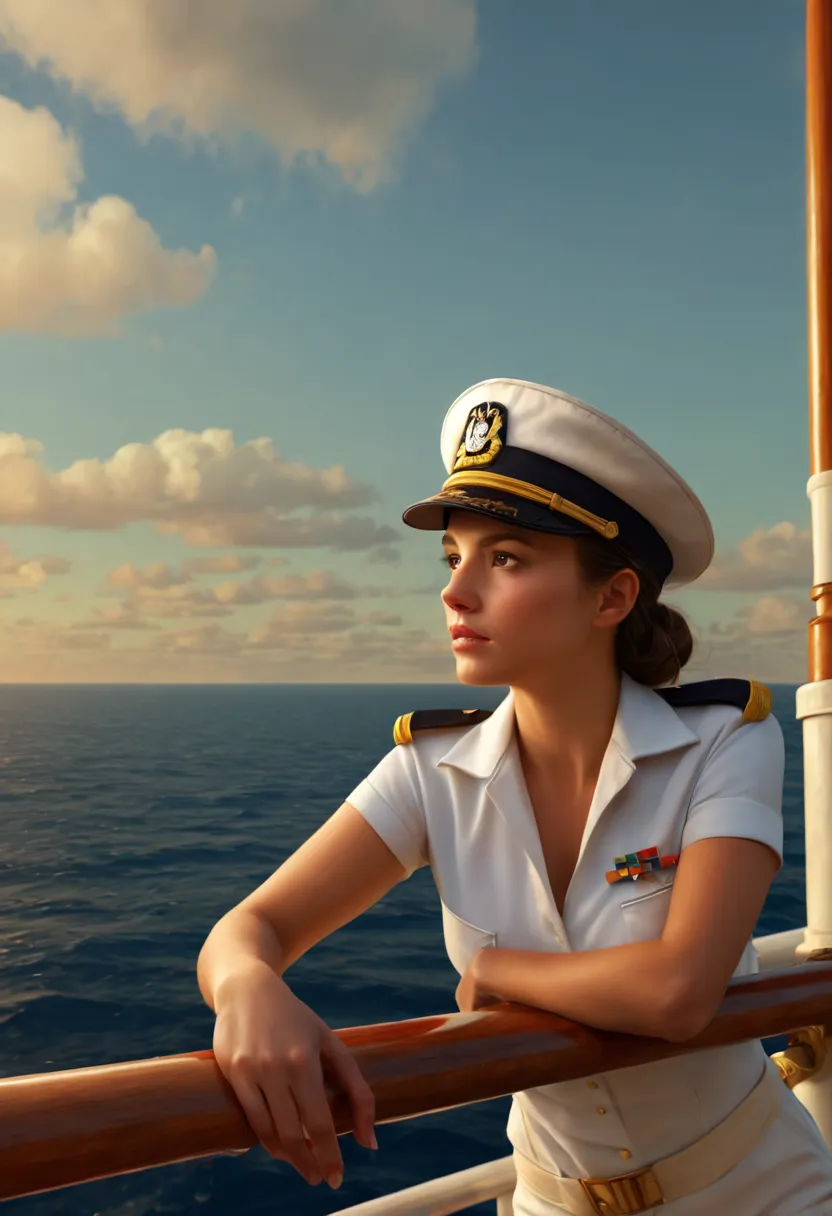 a female captain Leaning on the ship railing, hat, by rhads, looking out, best quality, masterpiece, 8k