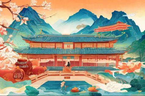 Dragon painting in front of building with mountains as background, Chinese watercolor style, Chinese dragon concept art, Chinese...