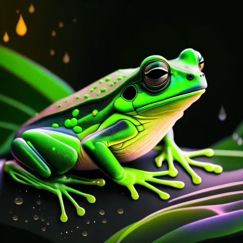 intricate and colorful, (digital painting:1.2) green tree frog, bright neon skin, wet, portrait, concept art, octane render, tre...