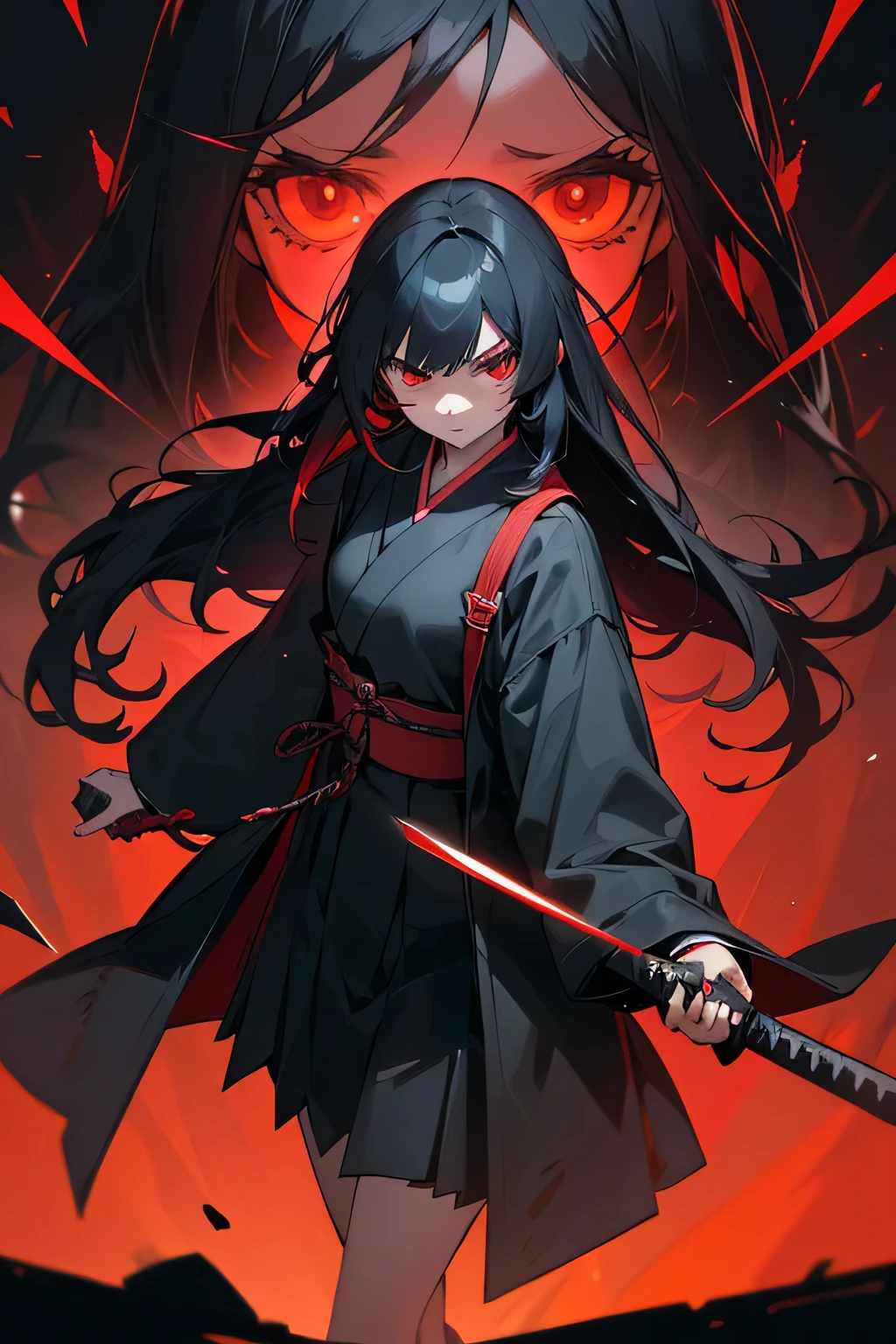 1girl, japanese schoolgirl, she has straight long black hair, red eyes and and evil determined look. She wears a black and red modern japanese school uniform and a long black coat. Walking down the street. Holding a katana in the hand. vibrant appearance, creative behavior, imaginative, , spontaneous, , highest quality, skin texture, intricate details, (cinematic lighting), RAW photo, 8k, masterpiece,best quality,ultra-detailed,very detailed illustrations,extremely detailed,intricate details,highres,super complex details,extremely detailed 8k cg wallpaper