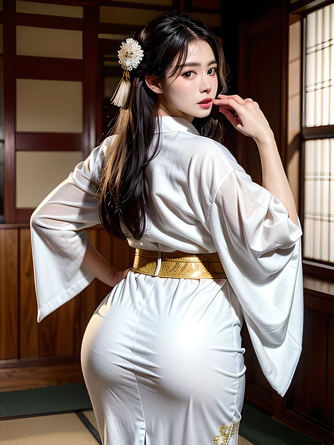 (身着日本和服广告的美女模特, 美丽而又直的长黑发), 独自的, ((脸是80% 美丽与优雅, 20% 俏皮:1.5)), 清澈的眼睛, (美丽眼睛, 淡绿色的眼睛, 聪明的学生), 双眼皮, (略厚而性感的嘴唇:1.2), ((非常详细 and incredibly high resolution Deep-white Kimono:1.2)), 非常详细的面部纹理, 令人印象深刻的体型, 身材丰满、非常有魅力的女人, 高分辨率 RAW 彩色摄影 专业摄影, 休息 ultra high-resolution textures, 高分辨率身体渲染, 大眼睛, 无与伦比的杰作, 令人难以置信的高分辨率, 非常详细, 令人惊叹的陶瓷皮肤, 休息 ((转身展现和服的图案:1.5)), ((她穿着一件白色和服，上面有大量闪闪发光的金色刺绣，上面绣着一条腾空而起的巨龙.。:1.5)), ((白色和服上的升龙刺绣十分耀眼.:1.2)), (精心制作的性感日本和服), ((刺绣图案是一条龙腾空而起.):1.2), ((装饰精致典雅的白色和服)), (在日式房间的圆形推拉窗前拍摄)), 休息 ((最好的质量, 8千)), 清晰聚焦:1.2, (层切, 大的:1.2), (完美身材的美丽女人:1.4), (美丽优雅的后视图:1.3), 瘦腰, (正确的手形:1.5), (全身照 | 牛仔射击)