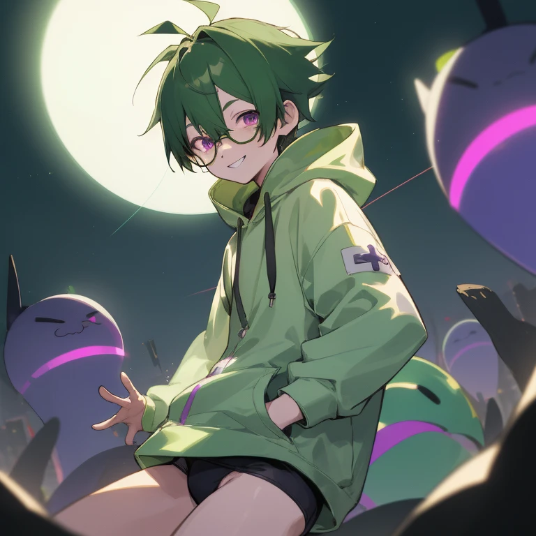 Shota boy,green hair,short hair,wearing a black circle glasses,two green antenna,purple eyes,cute,white skin,wearing a hoodie,wearing a panties,innocent,smiling,shy,night in shanghai