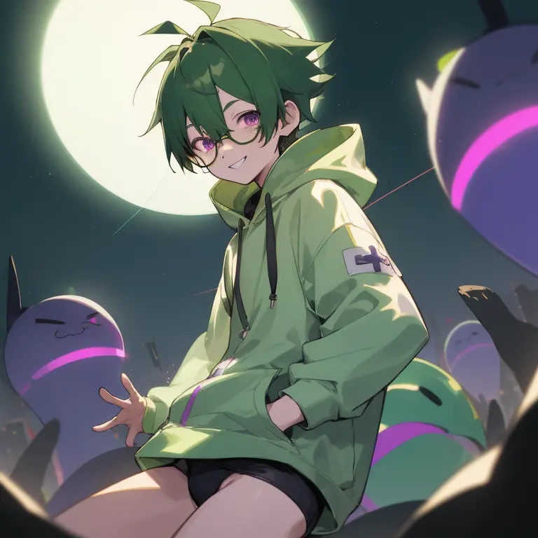 Shota boy,green hair,short hair,wearing a black circle glasses,two green antenna,purple eyes,cute,white skin,wearing a hoodie,we...