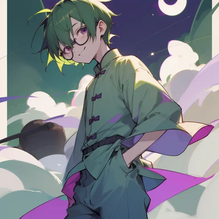 Shota boy,green hair,short hair,wearing a black circle glasses,two green antenna,purple eyes,cute,white skin,wearing a pijamas,i...