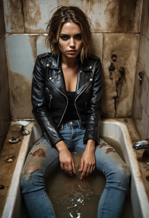 woman in jeans,leather jacket,sitting in dirty bath,fetish position,bathing in shame,fetishistic indulgence,bizarre atmosphere,s...