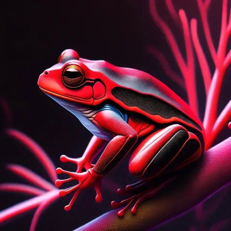 intricate and colorful, (digital painting:1.2) red tree frog, bright neon skin, wet, portrait, concept art, octane render, trend...