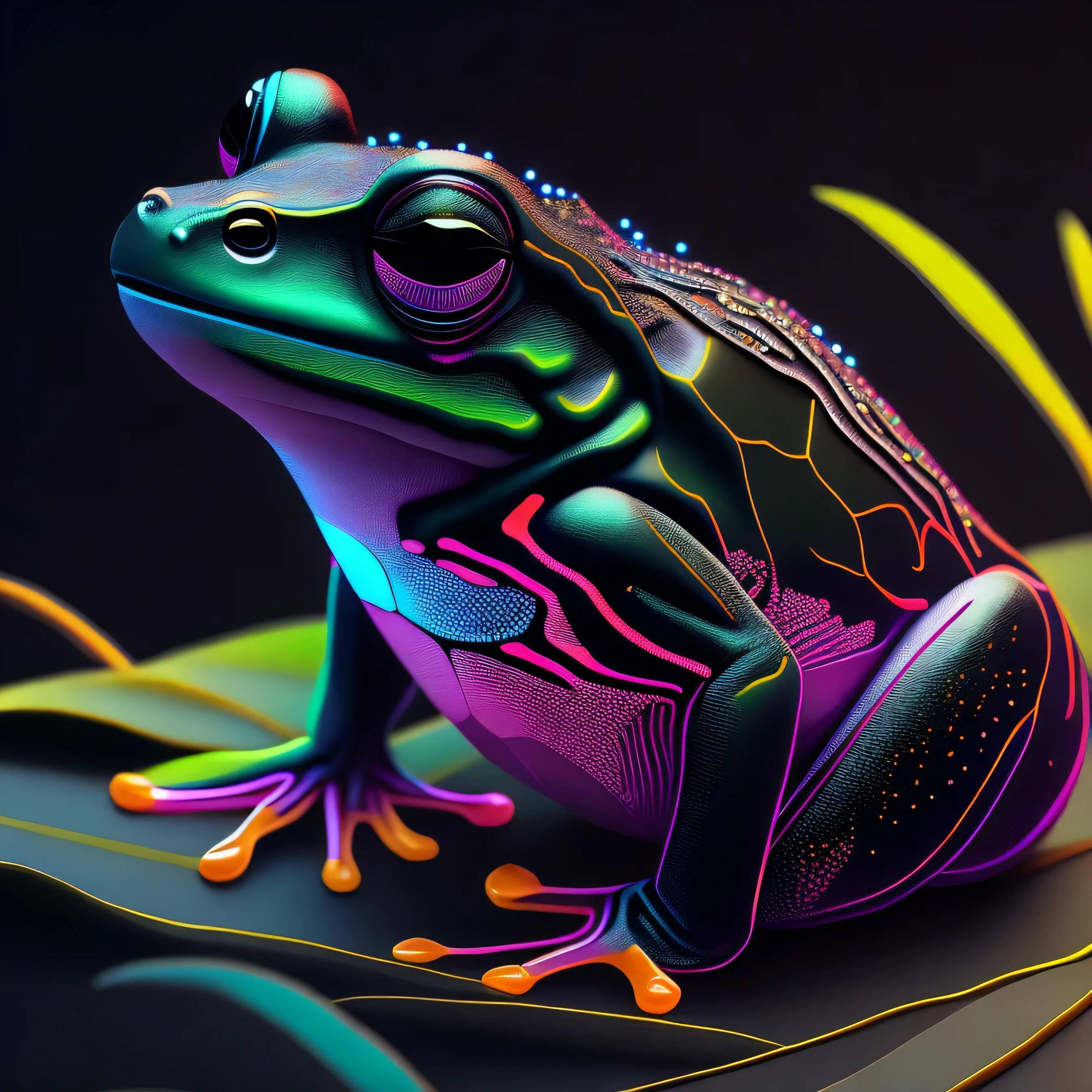 complexe et coloré, (peinture numérique:1.2) grenouille arboricole noire, peau néon brillante, mouillé, portrait, art conceptuel, rendu d&#39;octane, tendance sur artstation, fond néon-noir, iolibt, effets visuels, Mélangeur et Photoshop, rendu d&#39;octane, excellente compo, ambiance cinématographique, éclairage cinématographique dramatique et dynamique, Esthétique, très inspirant, art et essai,(fond noir uni foncé:1.4))