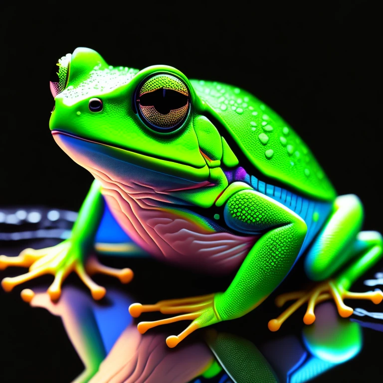 kompliziert und bunt, (digitale Zeichnung:1.2) grüner Laubfrosch, Helle Neonhaut, wet, Porträt, Konzeptkunst, octane render, Trends auf ArtStation, Neon-Noir-Hintergrund, iolibt, vfx, Blender and Photoshop, octane render, hervorragende Komposition, Kinoatmosphäre, dynamische dramatische Kinobeleuchtung, ästhetisch, sehr inspirierend, Arthouse,(dunkler schlichter schwarzer Hintergrund:1.4))