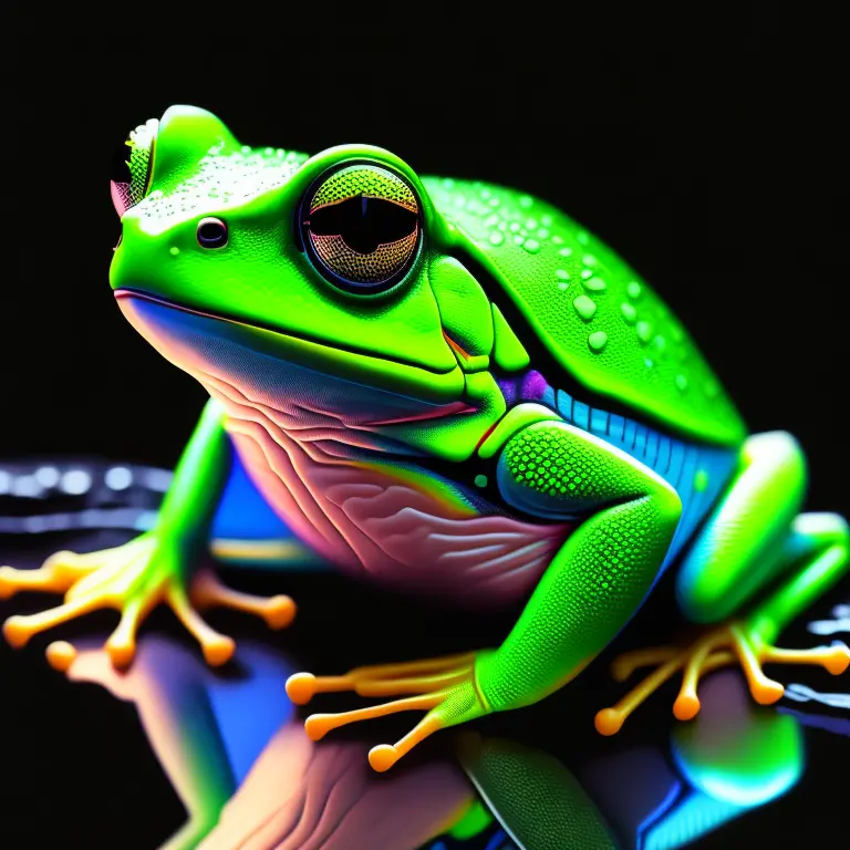 intricate and colorful, (digital painting:1.2) green tree frog, bright neon skin, wet, portrait, concept art, octane render, tre...