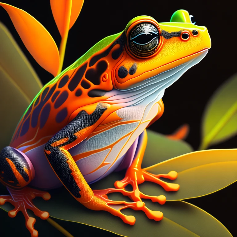 intricate and colorful, (digital painting:1.2) orange tree frog, bright neon skin, wet, portrait, concept art, octane render, trending on artstation, neon-noir background, iolibt, vfx, Blender and Photoshop, octane render, excellent composition, cinematic atmosphere, dynamic dramatic cinematic lighting, aesthetic, very inspirational, arthouse,(dark plain black background:1.4))