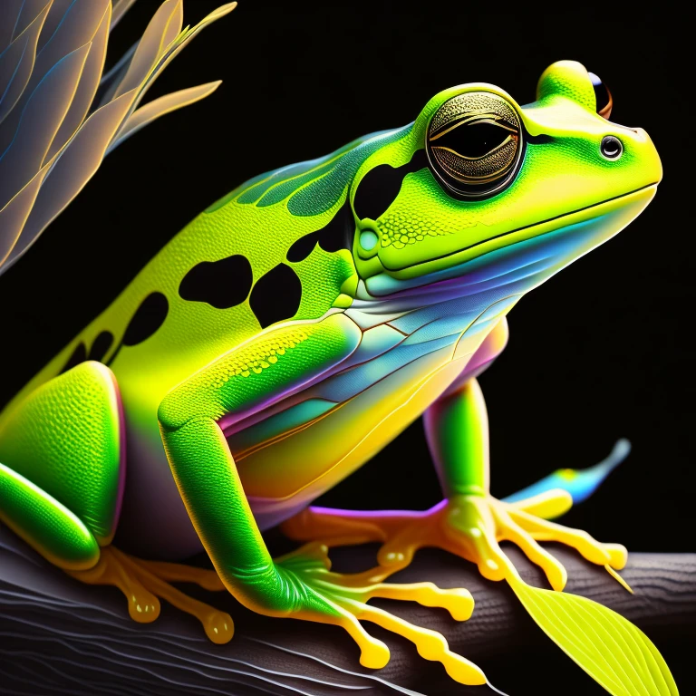 kompliziert und bunt, (digitale Zeichnung:1.2) Gelber Laubfrosch, Helle Neonhaut, wet, Porträt, Konzeptkunst, octane render, Trends auf ArtStation, Neon-Noir-Hintergrund, iolibt, vfx, Blender and Photoshop, octane render, hervorragende Komposition, Kinoatmosphäre, dynamische dramatische Kinobeleuchtung, ästhetisch, sehr inspirierend, Arthouse,(dunkler schlichter schwarzer Hintergrund:1.4))