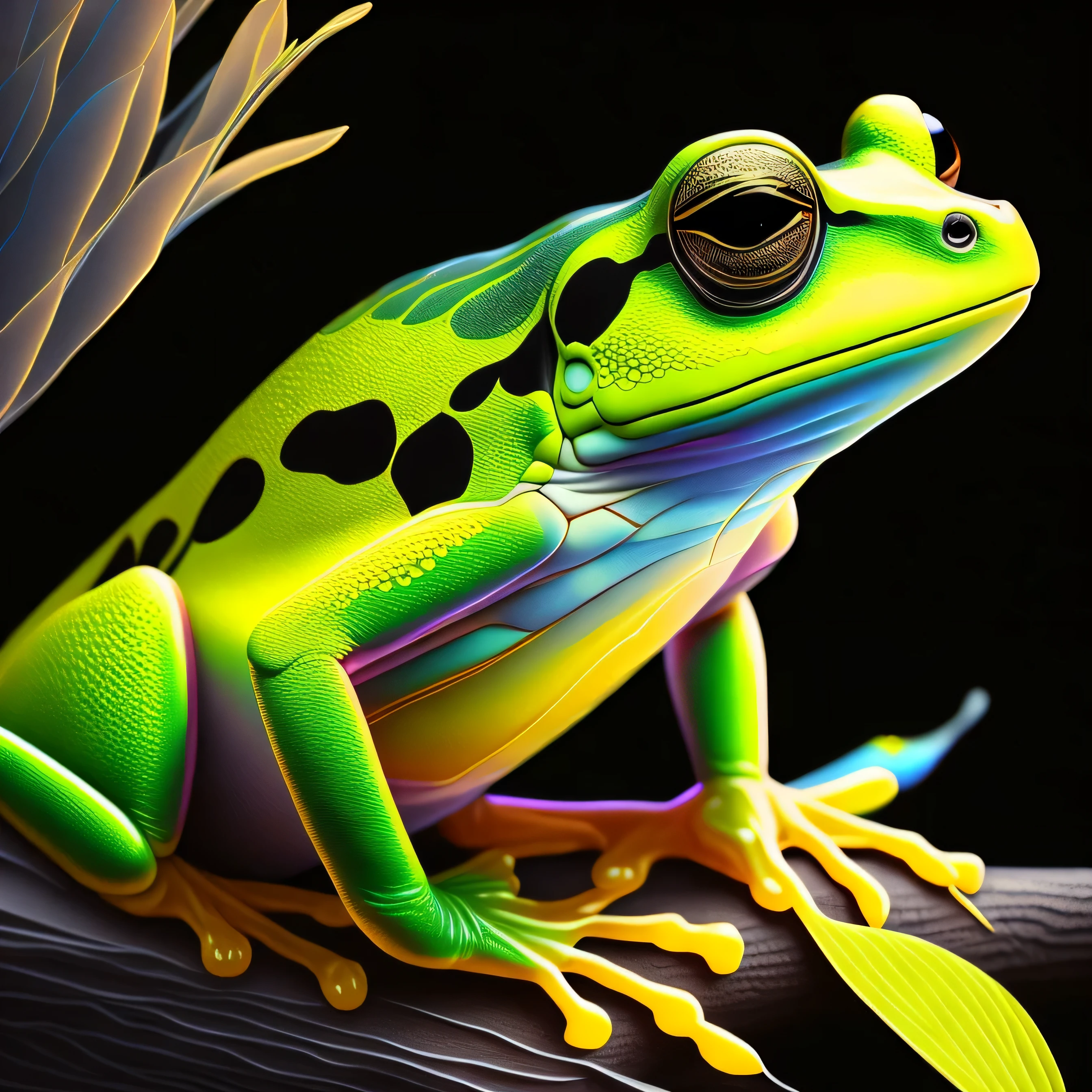 complexe et coloré, (peinture numérique:1.2) grenouille arboricole jaune, peau néon brillante, mouillé, portrait, art conceptuel, rendu d&#39;octane, tendance sur artstation, fond néon-noir, iolibt, effets visuels, Mélangeur et Photoshop, rendu d&#39;octane, excellente compo, ambiance cinématographique, éclairage cinématographique dramatique et dynamique, Esthétique, très inspirant, art et essai,(fond noir uni foncé:1.4))