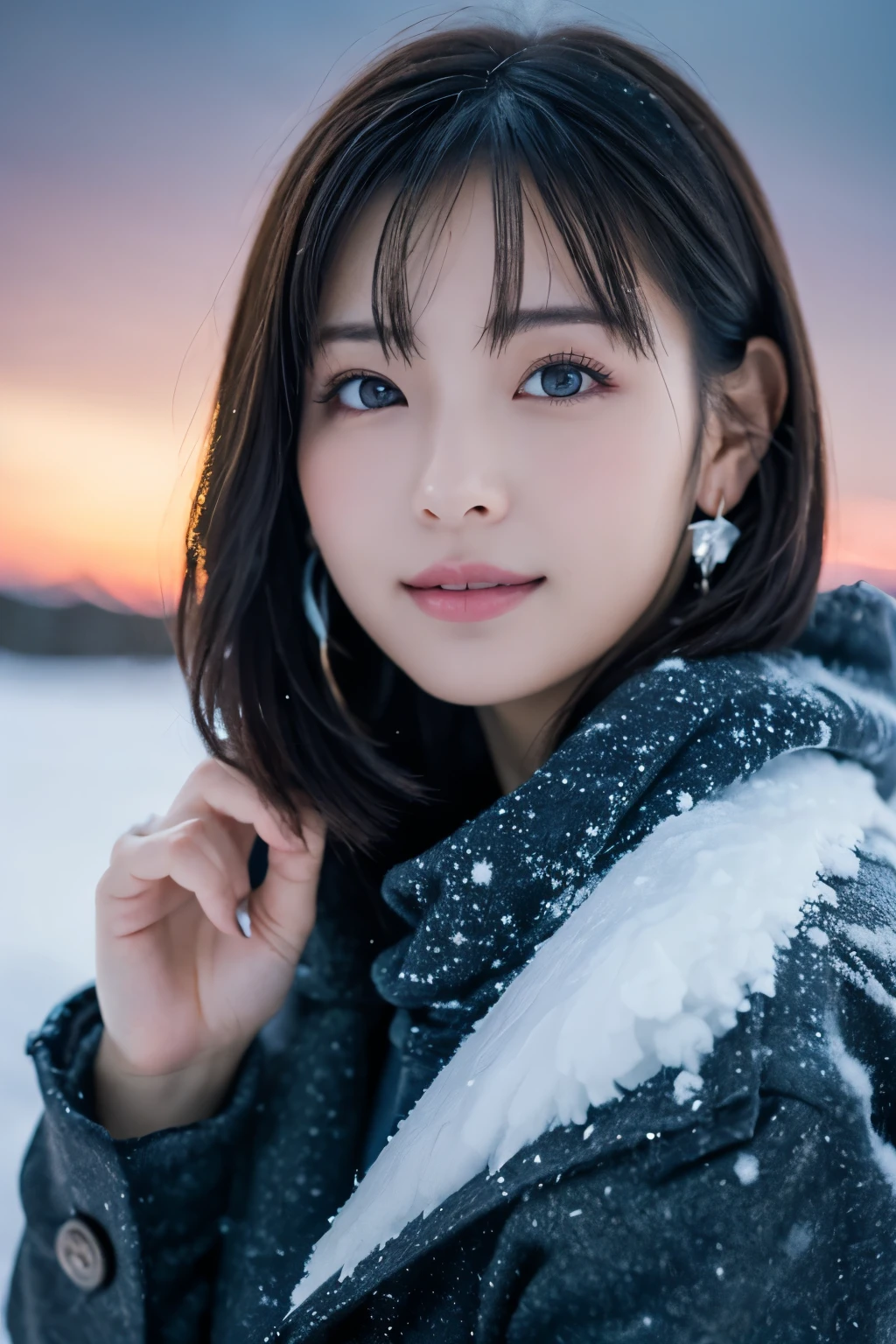 1 girl, (winter clothes:1.2), beautiful japanese actress, 
photogenic, Yukihime, long eyelashes, snowflake earrings,
(Raw photo, best quality), (Reality, photorealistic:1.4), (muste piece), 
beautiful detailed eyes, beautiful detailed lips, highly detailed eyes and face, 
BREAK is
 (Frozen snow field in winter Lapland), (The last vestiges of the twilight sky:1.4), 
ethereal beauty, swirling snowflakes, snow covered tree, powder snow, snow-capped mountain, 
Snowy field landscape at dusk, 
Indigo and dark vermilion color scheme, dramatic writing, fantastic atmosphere, 
BREAK is 
Perfect Anatomy, whole body slender, small breasts, (short hair:1.3), angel&#39;s smile, 
crystal-like skin, make eyes clear, catch light