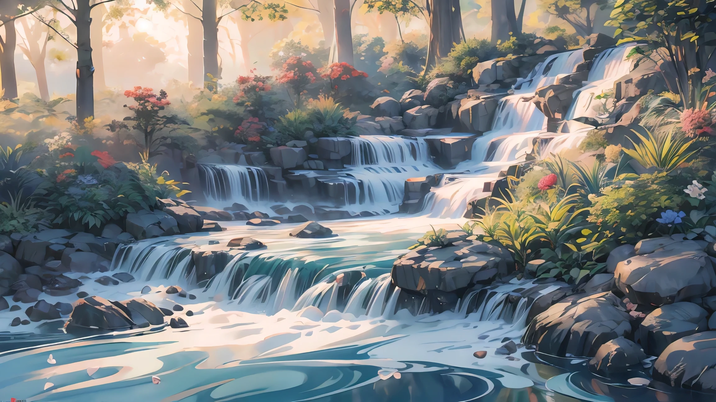 A chaotic rushing waterfall in a serene beautiful landscape, ray tracing, detailed reflections, Intricate, High Detail, dramatic, best quality masterpiece, photorealistic, detailed, 8k, HDR, backlighting, bloom, light sparkles, chromatic aberration, sharp focus