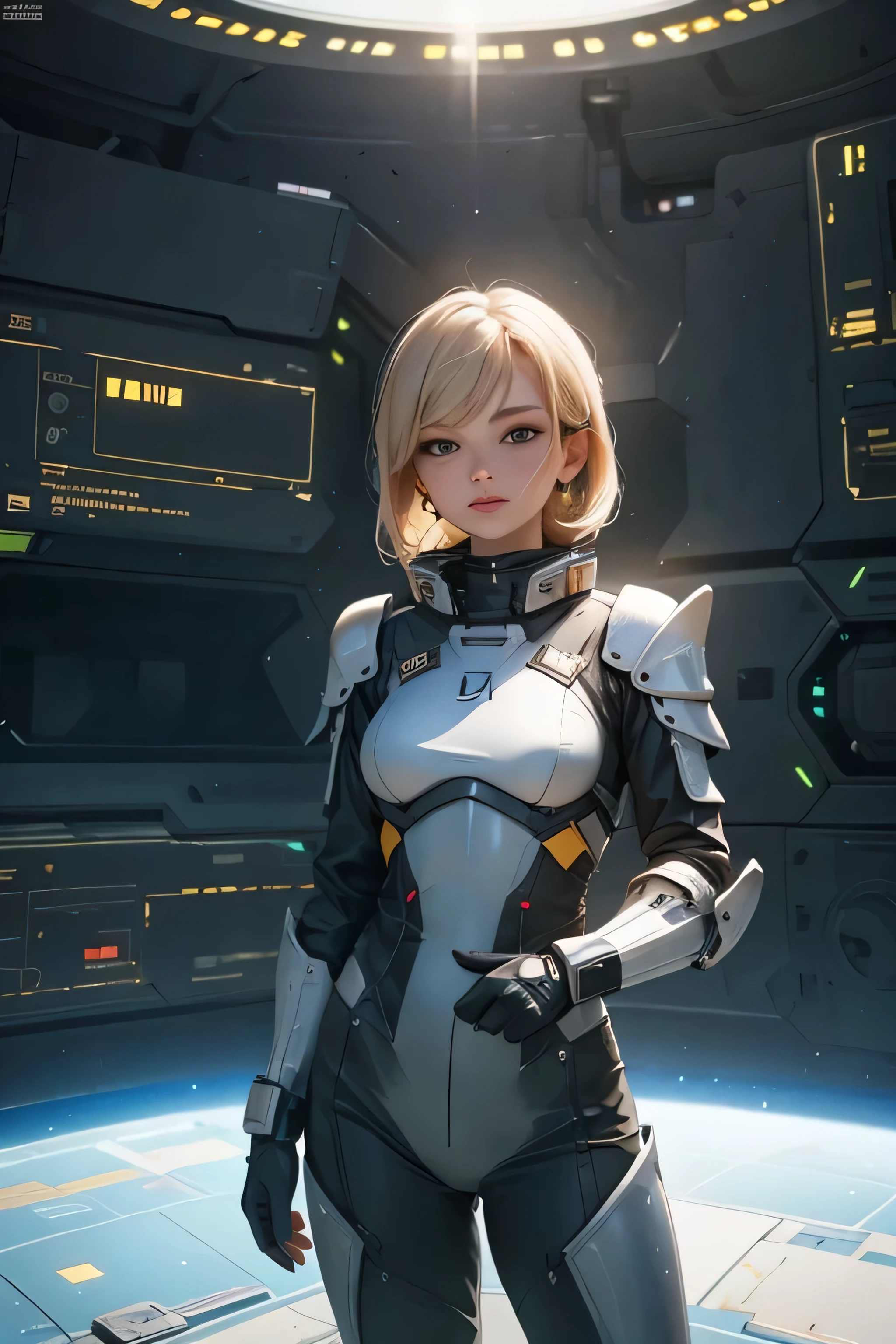 highest quality, ultra high resolution, (that&#39;realistic: 1.4), Jumpsuit, Sci-fi spaceship interior background, Circuit Plate Mail, Medium chest, Real World, outdoor, bright hair, armor, space, knight,