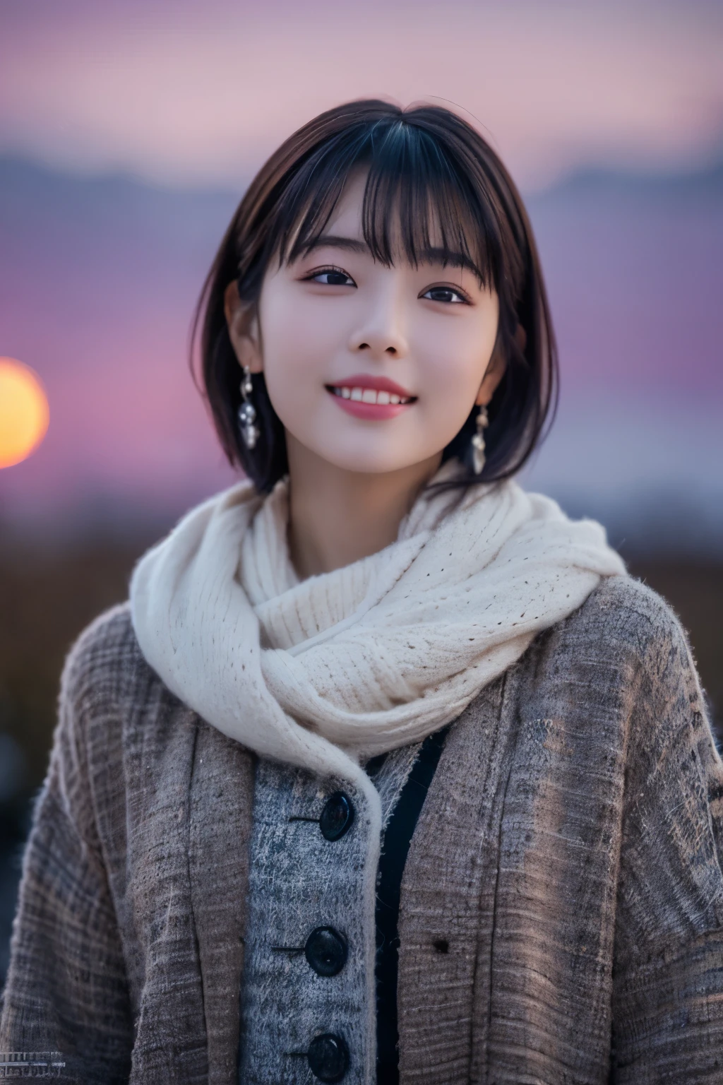 1 girl, (winter clothes:1.2), beautiful japanese actress, 
photogenic, Yukihime, long eyelashes, snowflake earrings,
(Raw photo, best quality), (Reality, photorealistic:1.4), (muste piece), 
beautiful detailed eyes, beautiful detailed lips, highly detailed eyes and face, 
BREAK is
 (Frozen snow field in winter Lapland), (The last vestiges of the twilight sky:1.4), 
ethereal beauty, snow covered tree, powder snow, 
Snowy field landscape at dusk, 
Indigo and dark vermilion color scheme, dramatic writing, fantastic atmosphere, 
BREAK is 
Perfect Anatomy, whole body slender, small breasts, (short hair:1.3), angel&#39;s smile, 
crystal-like skin, make eyes clear, catch light