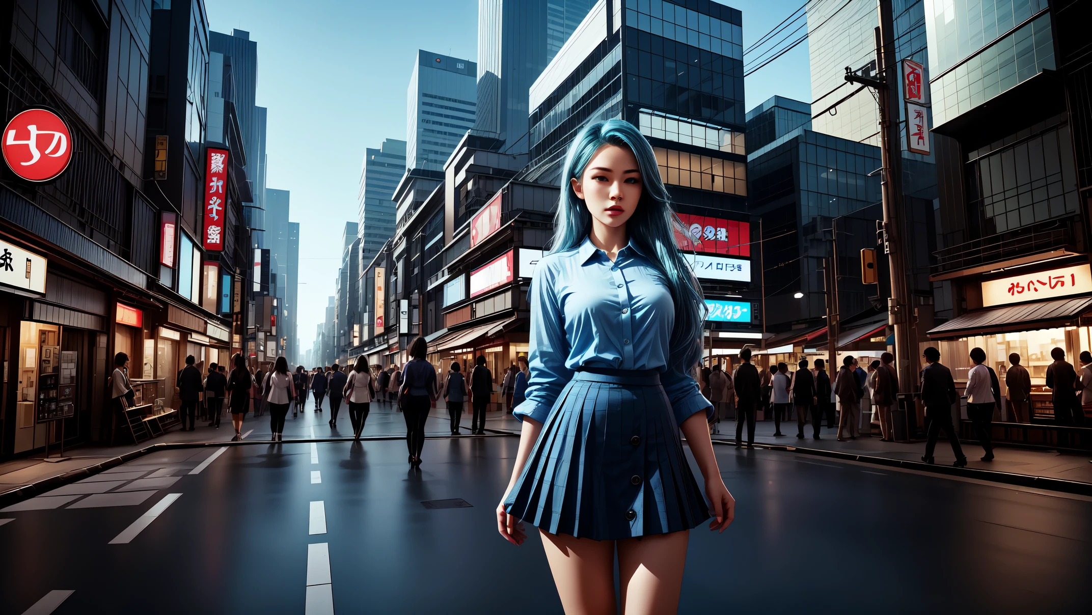 傑作, 最好的品質, 8K, 照相現實, 實際的, 辛烷渲染, 日本繁華的城市街道 (1 名女性: 1.2), (銀幕上只有一個女人: 1.5), (藍色蕾絲紐扣襯衫), (藍色的長髮), (包臀裙), (藍眼睛), 漂亮的包覆式高跟鞋, 上身展示,(全身)