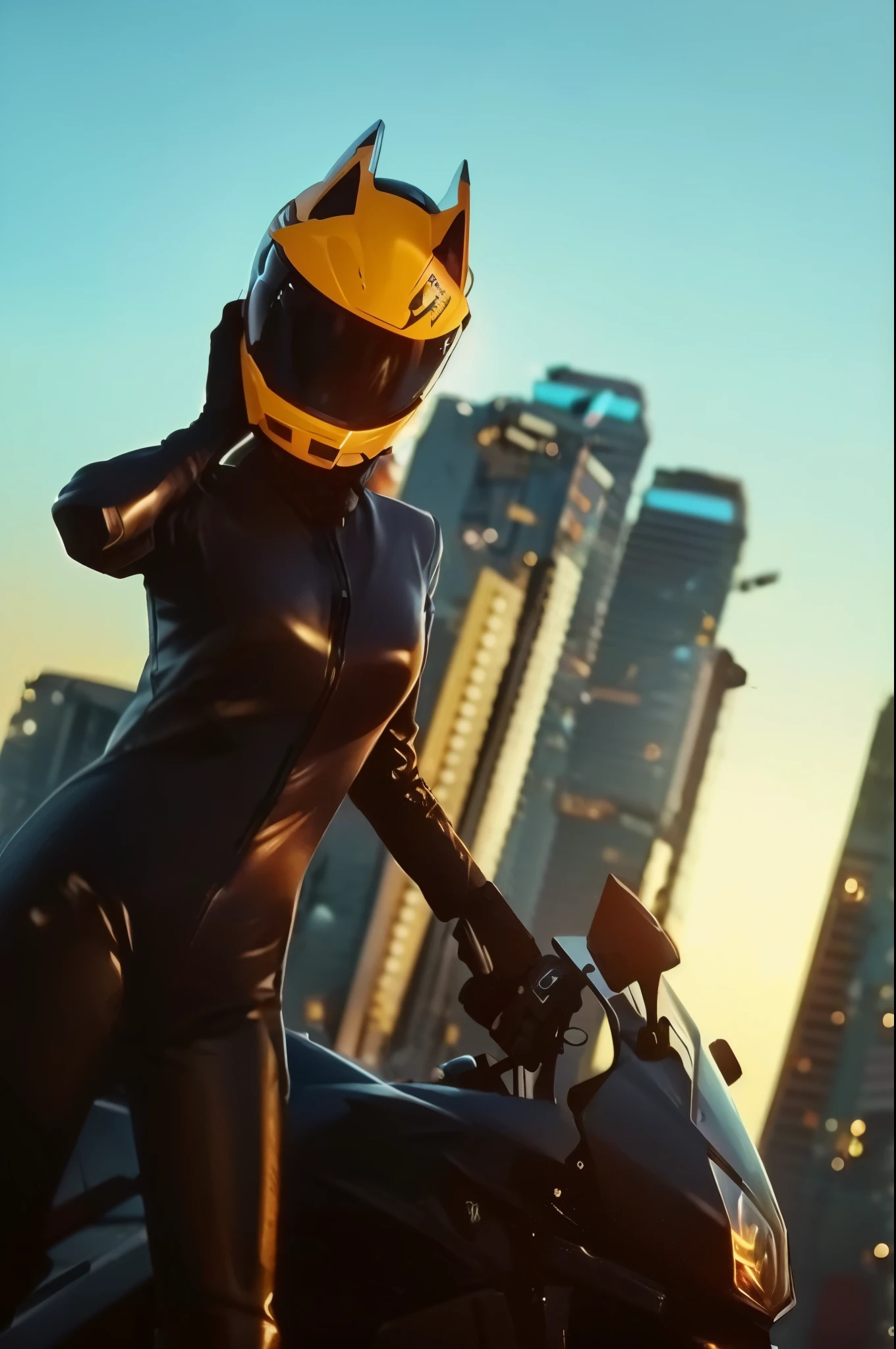 there is a woman in a cat suit on a motorcycle, sitting on cyberpunk motorbike, cyberpunk glossy latex suit, octane trending on cgsociety, cyberpunk 2 0 y. o model girl, octane cgsociety, wojtek fus, futuristic clothing and helmet, style of cyberpunk 2 0 7 7, alena aenami and android jones, closeup shot, rubber suit