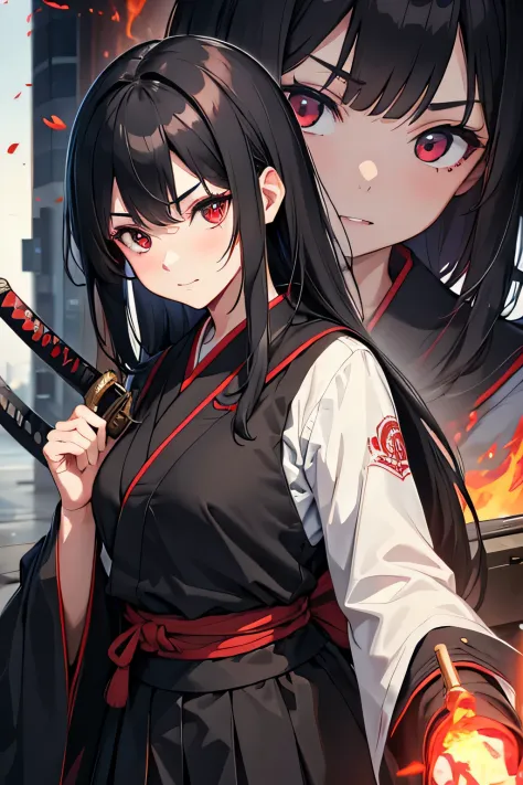 1girl, japanese schoolgirl, she has straight long black hair, red eyes and and evil determined look. She wears a black and red m...