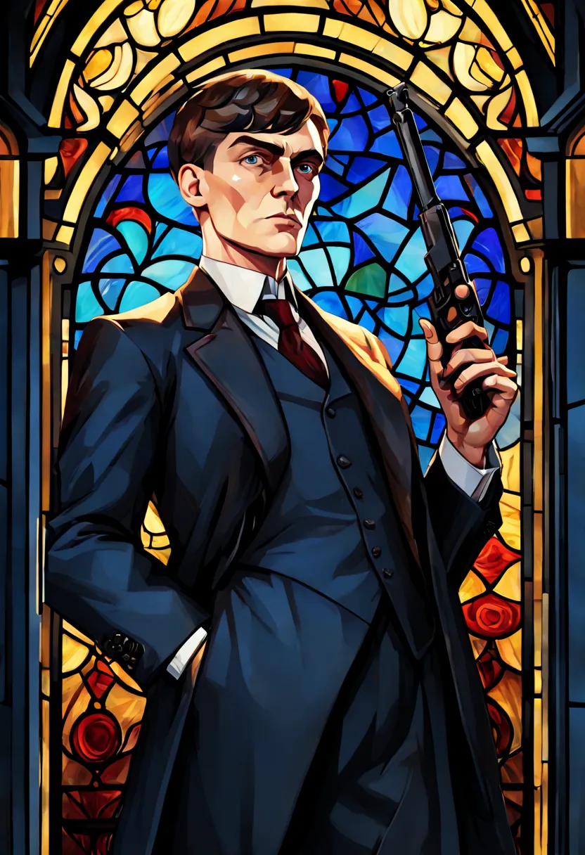 thomas shelby,stained glass front portrait,guns on the background,(best quality,4k,8k,highres,masterpiece:1.2),ultra-detailed,re...