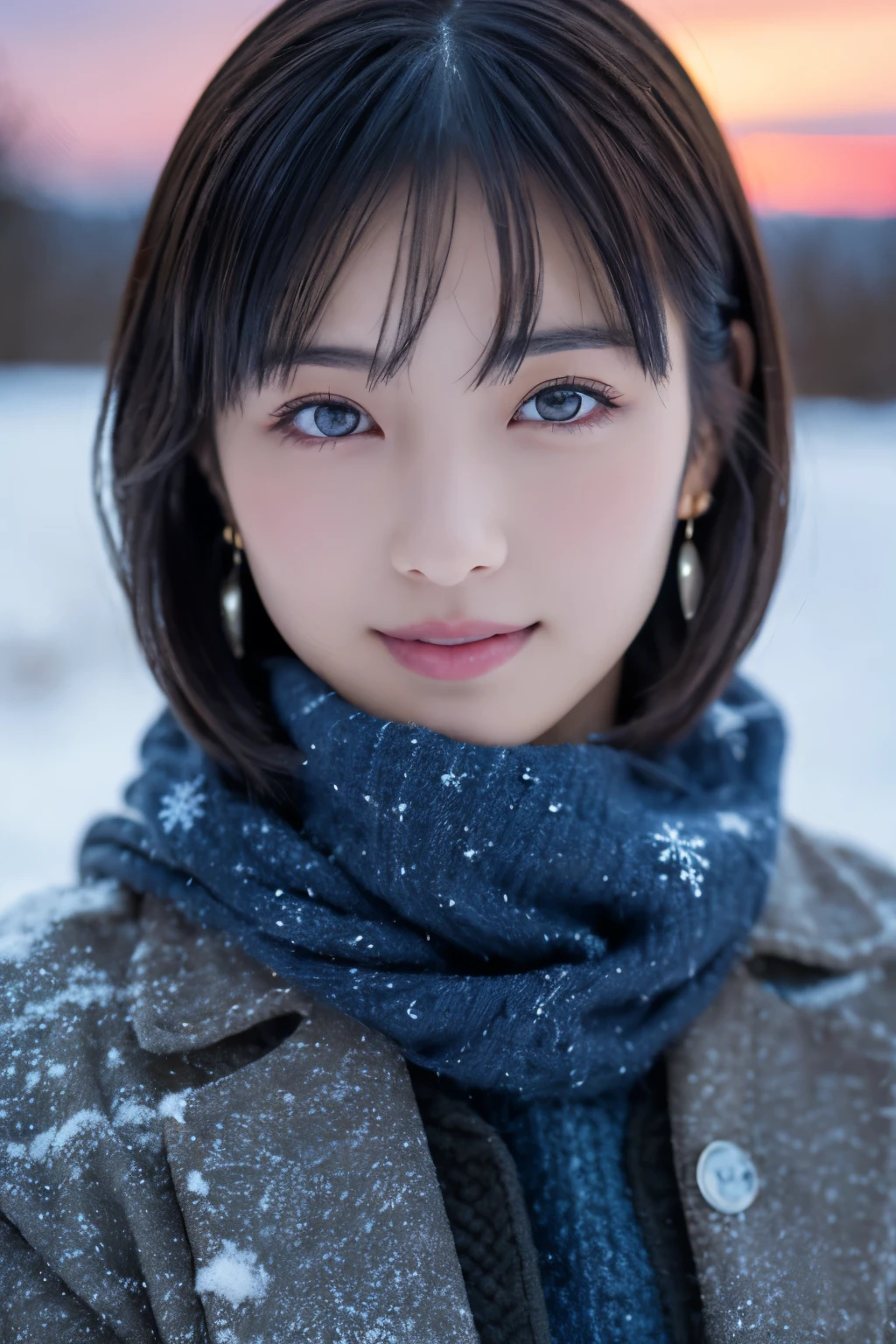 1 girl, (winter clothes:1.2), beautiful japanese actress, 
photogenic, Yukihime, long eyelashes, snowflake earrings,
(Raw photo, best quality), (Reality, photorealistic:1.4), (muste piece), 
beautiful detailed eyes, beautiful detailed lips, highly detailed eyes and face, 
BREAK is
 (Frozen snow field in winter Lapland), (The last vestiges of the twilight sky:1.4), 
ethereal beauty, snow covered tree, powder snow, 
Snowy field landscape at dusk, 
Indigo and dark vermilion color scheme, dramatic writing, fantastic atmosphere, 
BREAK is 
Perfect Anatomy, whole body slender, small breasts, (short hair:1.3), angel&#39;s smile, 
crystal-like skin, make eyes clear, catch light
