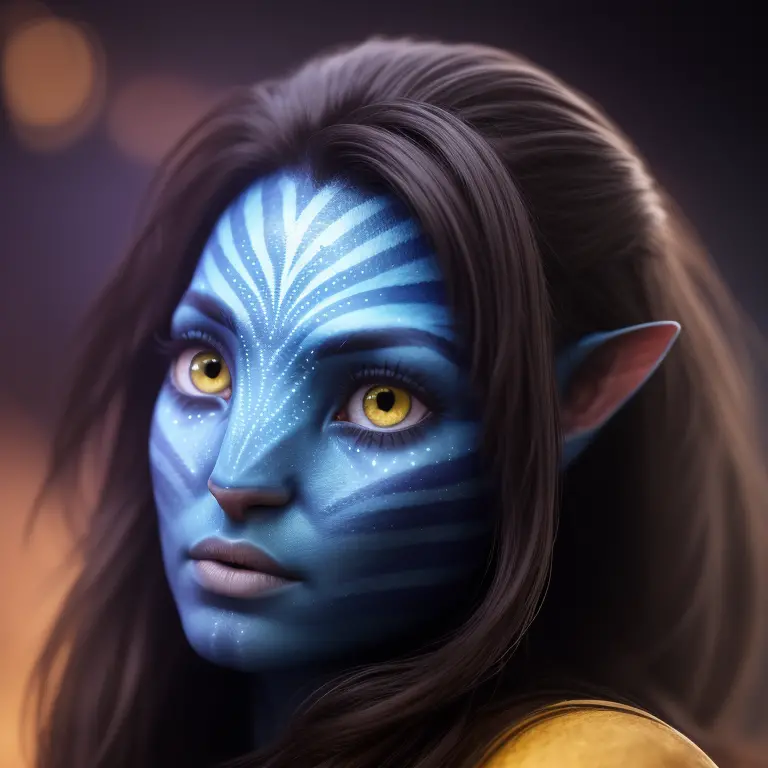 avtr:1.1, avatar style, portrait:1.6, 1girl, female, (blue skin tone:1.0), (long hair:1.0), dark brown hair color:1, 18 years ol...