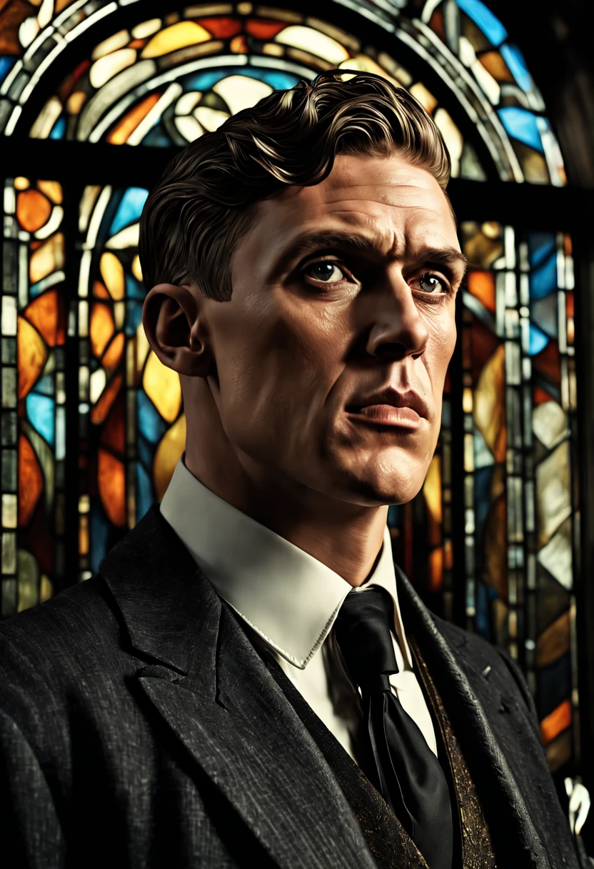 (best quality,4k,8k,highres,masterpiece:1.2),ultra-detailed,(realistic,photorealistic,photo-realistic:1.37),stained glass front portrait,black and white,dark realism,Thompson submachine in the background,serious expression,Thomas Shelby,sturdy cheekbones,intense gaze,focused expression,elegant suit,sharp jawline,mysterious aura,meticulous detailing,reflective glass,high contrast lighting,vintage background,vivid emotions,classic antique feel

My prompt for Stable Diffusion: 
"(best quality,4k,8k,highres,masterpiece:1.2),ultra-detailed,(realistic,photorealistic,photo-realistic:1.37),stained glass front portrait,black and white,dark realism,Thompson submachine in the background,serious expression,Thomas Shelby,sturdy cheekbones,intense gaze,focused expression,elegant suit,sharp jawline,mysterious aura,meticulous detailing,reflective glass,high contrast lighting,vintage background,vivid emotions,classic antique feel"