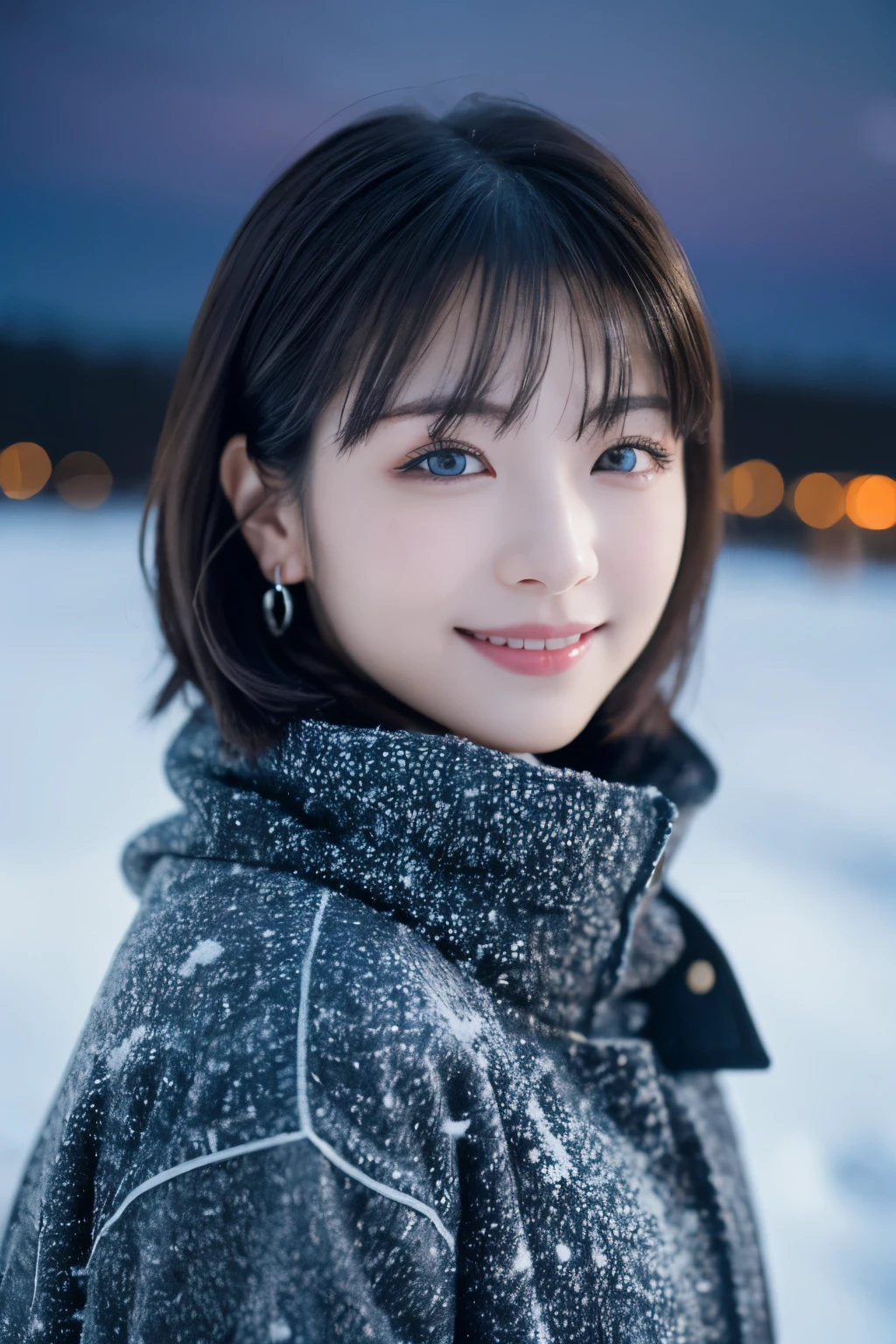 1 девочка, (Зимняя одежда:1.2), красивая японская актриса, 
фотогеничный, Юкихимэ, длинные ресницы, серьги снежинки,
(RAW-фото, Лучшее качество), (реальность, Фотореалистичный:1.4), (кусок летит), 
красивые детализированные глаза, красивые детализированные губы, очень детализированные глаза и лицо, 
ПЕРЕРЫВ — это
 (Замерзшее снежное поле в зимней Лапландии), (Последние остатки сумеречного неба:1.4), 
Неземная красота, заснеженное дерево, рыхлый снег, 
Снежный полевой пейзаж в сумерках, 
Цветовая гамма индиго и темно-киноварь, Драматическое письмо, фантастическая атмосфера, 
ПЕРЕРЫВ — это 
Perfect Anatomy, все тело стройное, Маленькая грудь, (короткие волосы:1.3), ангел&#39;улыбка, 
кристаллоподобная кожа, сделать глаза ясными, ловить свет
