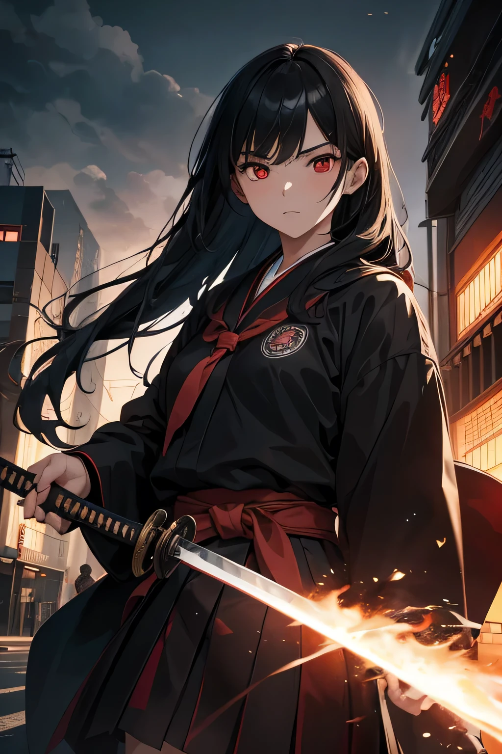 1girl, japanese schoolgirl, she has straight long black hair, red eyes and and evil determined look. She wears a black and red modern japanese school uniform and a long black coat. Walking down the street. Holding a katana in the hand. The katana is covered by flames. vibrant appearance, creative behavior, imaginative, , spontaneous, , highest quality, skin texture, intricate details, (cinematic lighting), RAW photo, 8k, masterpiece,best quality,ultra-detailed,very detailed illustrations,extremely detailed,intricate details,highres,super complex details,extremely detailed 8k cg wallpaper