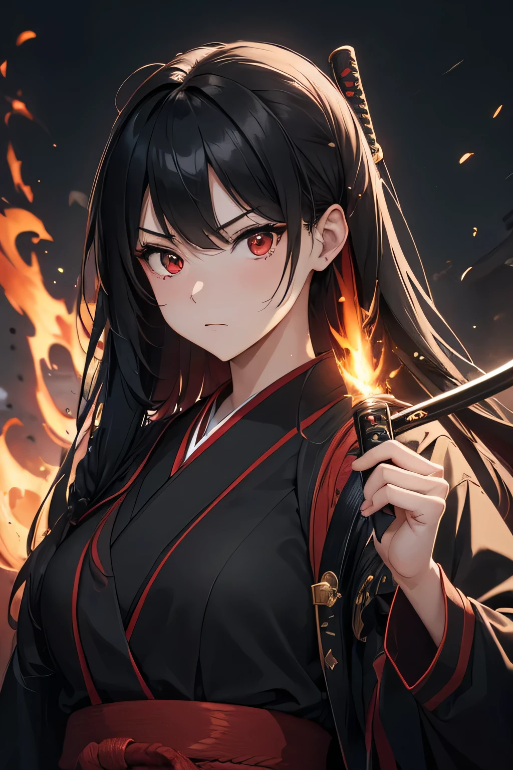 1girl, japanese schoolgirl, she has straight long black hair, red eyes and and evil determined look. She wears a black and red modern japanese school uniform and a long black coat. Walking down the street. Holding a katana in the hand. The katana is covered by flames. vibrant appearance, creative behavior, imaginative, , spontaneous, , highest quality, skin texture, intricate details, (cinematic lighting), RAW photo, 8k, masterpiece,best quality,ultra-detailed,very detailed illustrations,extremely detailed,intricate details,highres,super complex details,extremely detailed 8k cg wallpaper