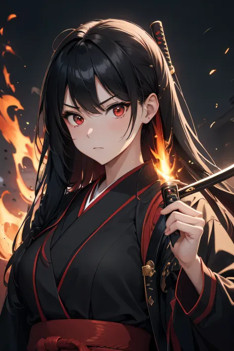 1girl, japanese schoolgirl, she has straight long black hair, red eyes and and evil determined look. She wears a black and red m...