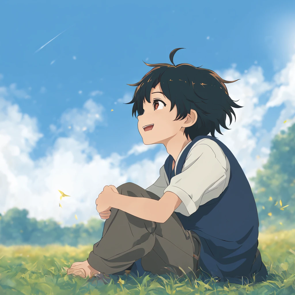 A little oriental anime boy with black hair and brown eyes，Cute and naughty，Sitting on the ground and looking up to the sky laughing，face close-up，镜头从profile侧上方看下去，profile，profile，profile，messy hair flying